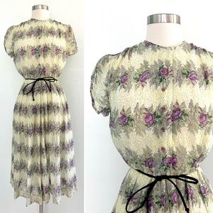 Vintage 50’s sheer mint green & purple floral fit & flare lawn party dress